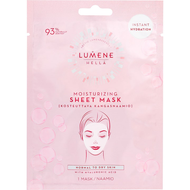 Lumene Hellä Moisturizing Sheet Mask 1 kpl kosteuttava kangasnaamio vaaleanpunaisessa pussissa, jossa on kasvojen kuva.