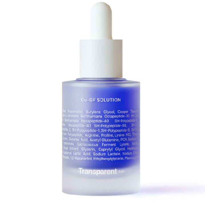 Transparent Lab Cu-GF Solution 30 ml kiinteyttävä kasvoseerumi sinisessä huurteisessa lasipullossa valkoisella pipetillä.