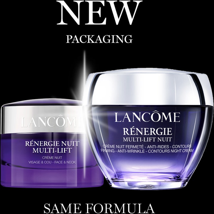 Lancôme Rénergie Nuit Multi-Lift Night 50 ml kiinteyttävä yövoide uudessa ja vanhassa purppuraisessa lasipurkissa.