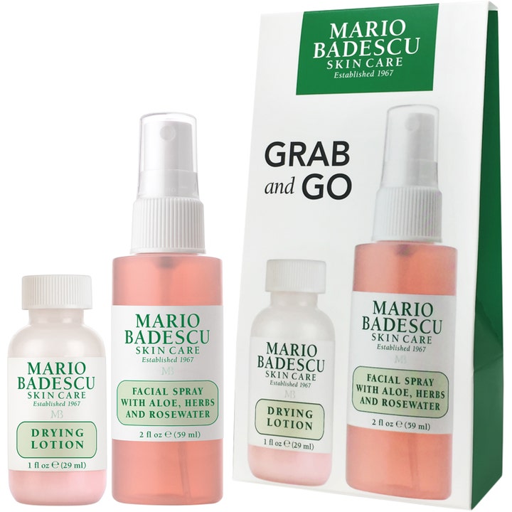 Mario Badescu Grab and Go 29 ml ja 59 ml ihonhoitosetti sisältää kosteuttavan suihkeen ja epäpuhtauksia hillitsevän voiteen.