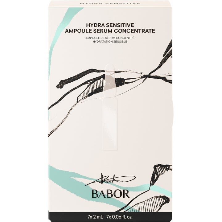 Babor Hydra Sensitive Ampoule Serum Concentrate 7x2 ml rauhoittava seerumi valkoisessa pakkauksessa mintunvihrein kuvioin.