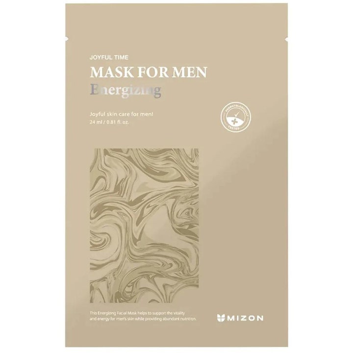 Mizon Joyful Time Mask for Men Energizing 24 ml energisoiva kangasnaamio beigessä pussissa vaalealla marmorikuviolla.