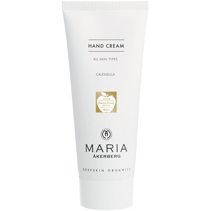 Maria Åkerberg Hand Cream kosteuttava kehäkukkakäsivoide valkoisessa muovituubissa jossa on tyylikäs musta teksti