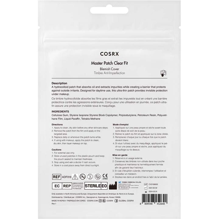 COSRX Master Patch Clear Fit 18 kpl finnilaastari hoitaa epäpuhtauksia pakkauksen kääntöpuoli tuotetiedoilla.