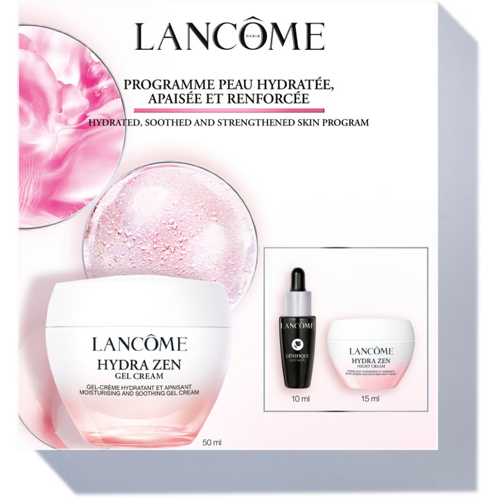 Lancôme Hydra Zen Skin Program 50ml 15ml 10ml kosteuttava ihonhoitosetti vaaleanpunaisissa purkeissa ja mustassa pullossa.