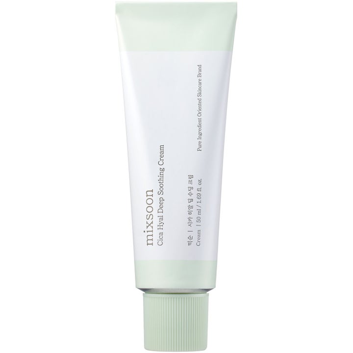 Mixsoon Cica Hyal Deep Soothing Cream 50 ml rauhoittava kasvovoide valkoisessa tuubissa mintunvihreällä korkilla.