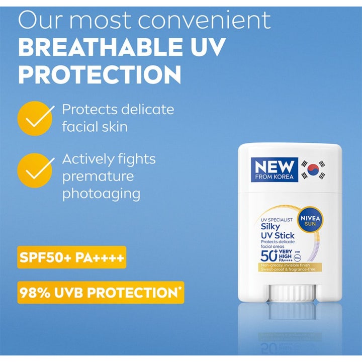 NIVEA UV Face Specialist Silky UV Stick SPF 50+ 15 g hengittävä aurinkosuojapuikko suojaa kasvoja valkoisessa hylsyssä