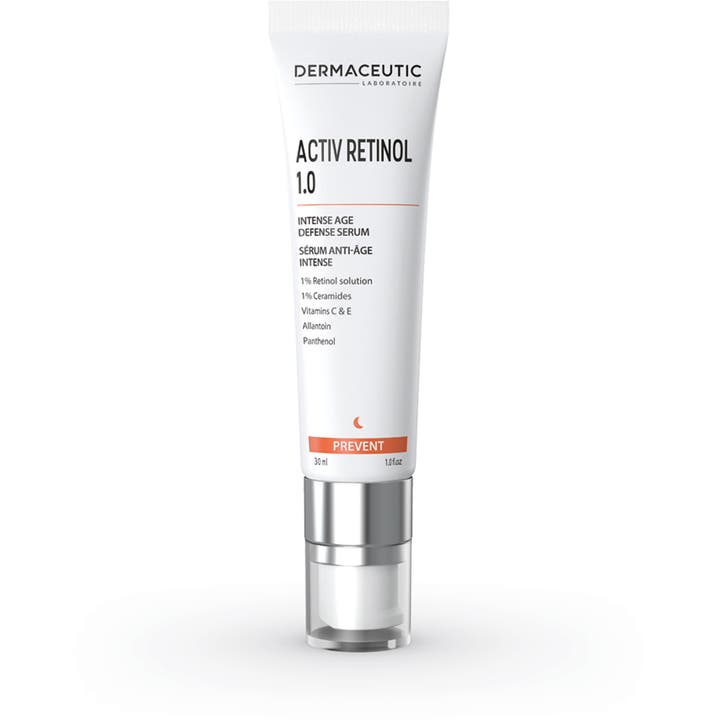 Dermaceutic Activ Retinol 1.0 30 ml ikääntymistä estävä seerumi valkoisessa tuubissa hopeisella pumpulla