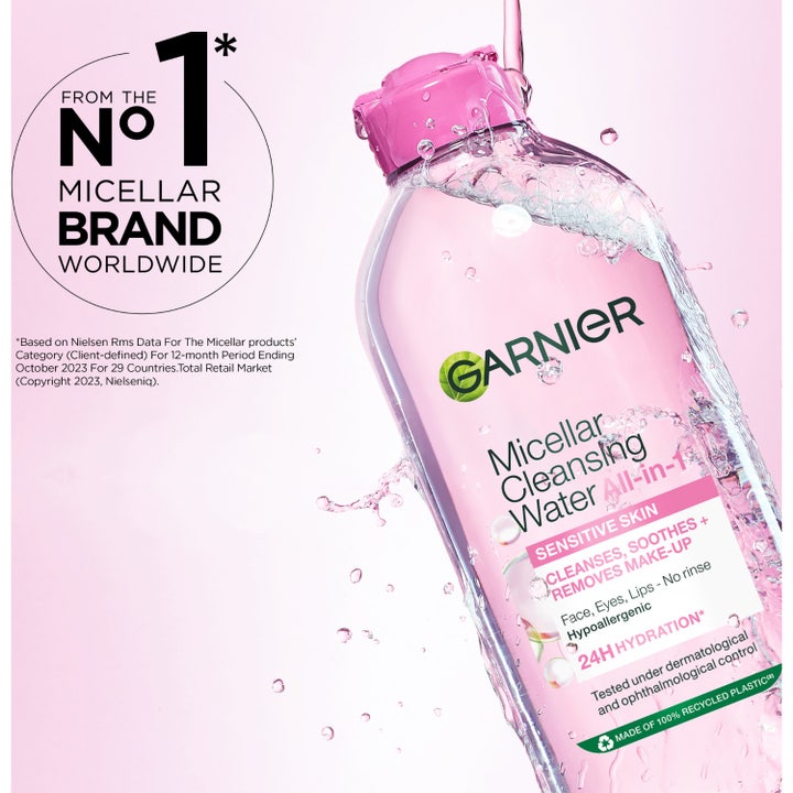Garnier Micellar Cleansing Water 700 ml puhdistusvesi vihreällä taustalla jossa on vegaaninen ja cruelty free -logot