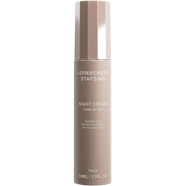 Lernberger Stafsing Night Cream 50 ml ihoa uudistava yövoide tyylikkäässä beigessä pullossa jossa on kulmikas korkki.