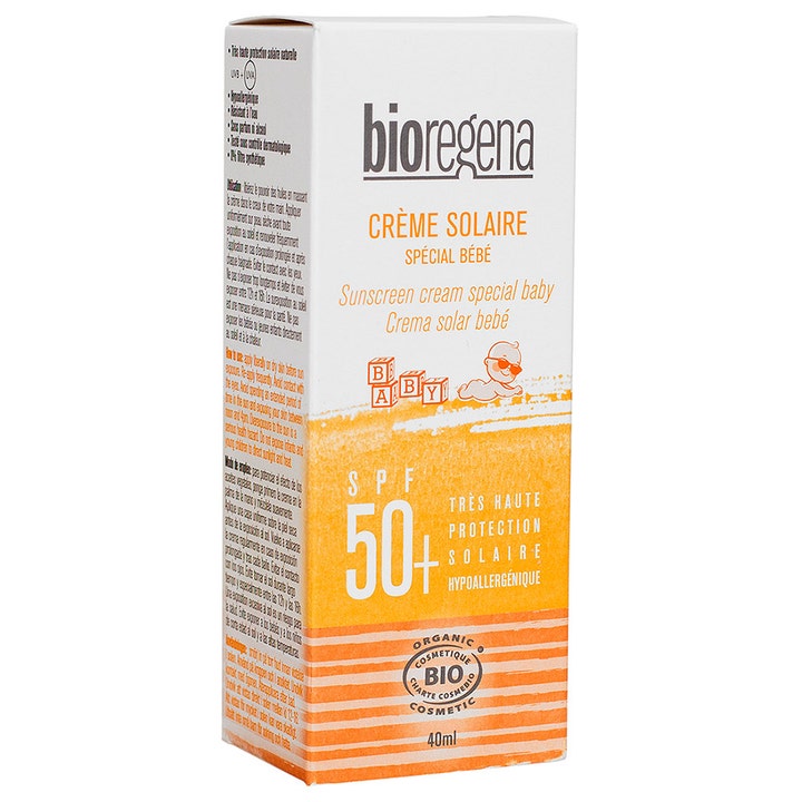 Bioregena Sunscreen Cream Baby SPF 50+ 40 ml aurinkovoide valkoisessa pahvipakkauksessa oransseilla yksityiskohdilla.