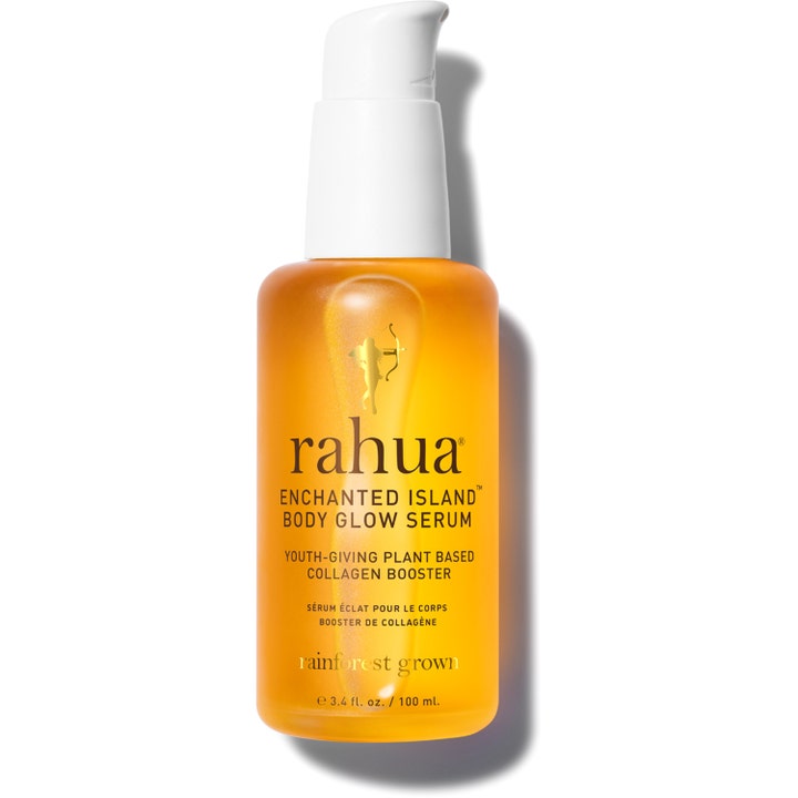 Rahua Enchanted Island Body Glow Serum 100 ml heleyttävä vartaloseerumi kirkkaassa oranssissa pumppupullossa.