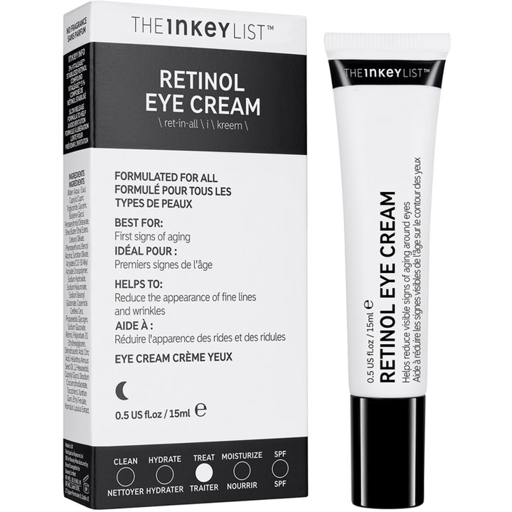 The INKEY List Retinol Eye Cream 15 ml silmänympärysvoide valkoisessa tuubissa ja pahvipakkauksessa.