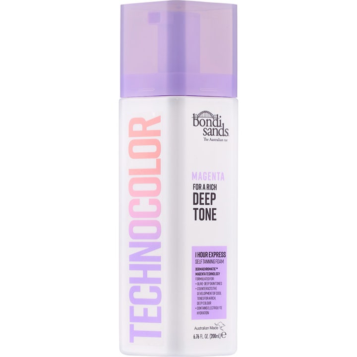 Bondi Sands Technocolor Magenta 200 ml itseruskettava vaahto syvän sävyn luomiseen valkoisessa pullossa liilalla korkilla
