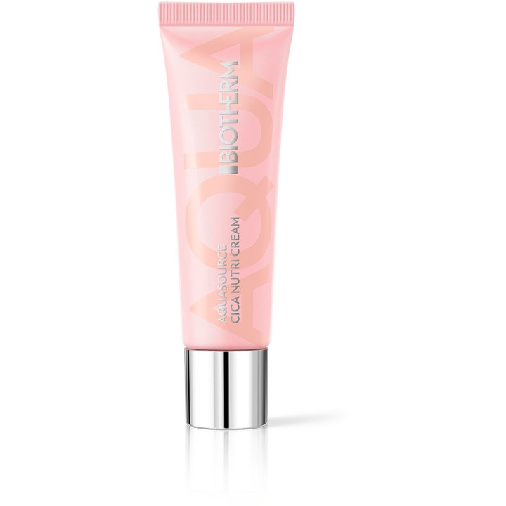 Biotherm Aquasource Cica Nutri Cream 50 ml ravitseva kasvovoide vaaleanpunaisessa tuubissa hopeanvärisellä korkilla.