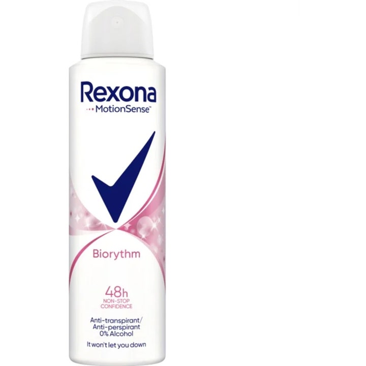 Rexona Biorythm MotionSense antiperspiranttisuihke antaa 48 tunnin suojan valkoisessa pullossa vaaleanpunaisin kuvioin