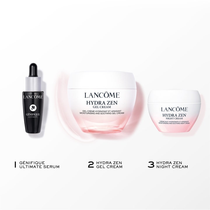 Lancôme Hydra Zen Routine Set 1 kpl kosteuttava ihonhoitosetti sisältää seerumin ja kaksi vaaleanpunaista voidetta.