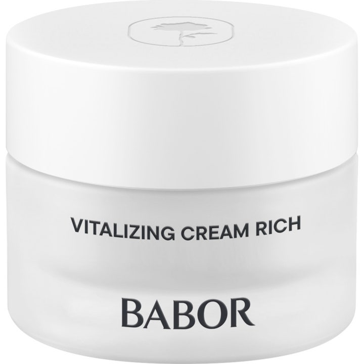 Babor Skinovage Vitalizing Cream Rich 50 ml elvyttävä kasvovoide huurteisessa lasipurkissa, jossa on valkoinen kansi.