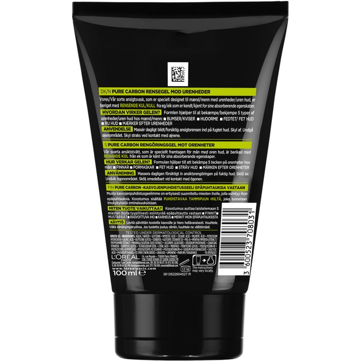 L'Oréal Paris Pure Carbon 100 ml puhdistusgeeli epäpuhtauksia vastaan mustan tuubin takaosan tuoteselosteella