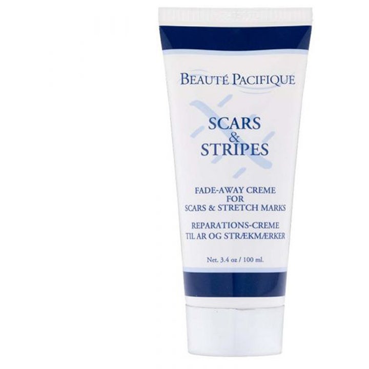 Beauté Pacifique Scars & Stripes 100 ml korjaava vartalovoide häivyttää arpia valkoisessa siniraidallisessa tuubissa