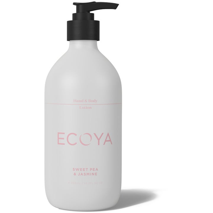 Ecoya Sweet Pea & Jasmine Hand & Body Lotion 450 ml kosteuttava vartalovoide valkoisessa pullossa mustalla pumpulla