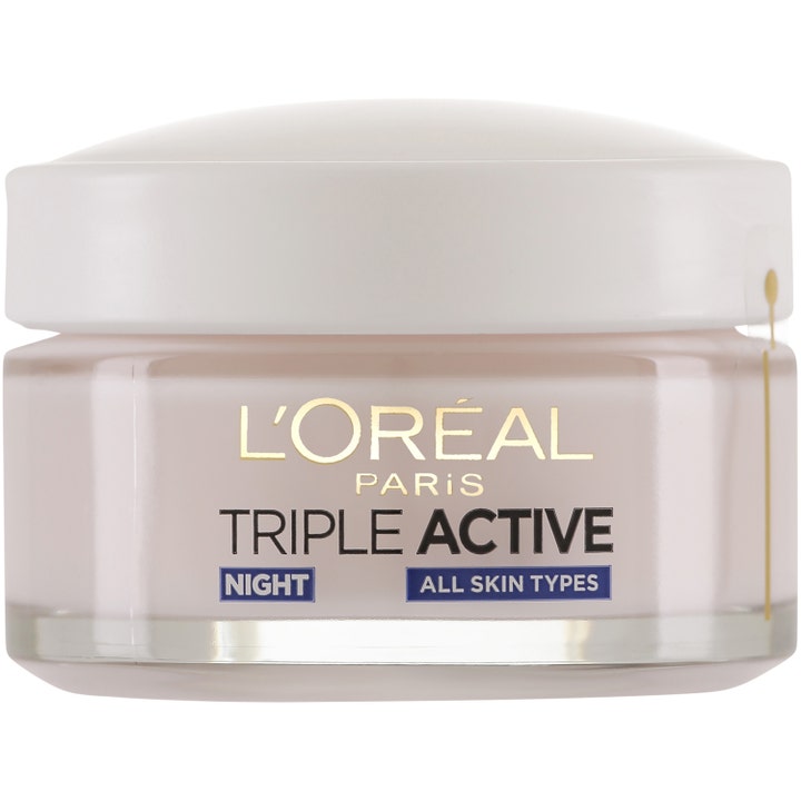 L'Oréal Paris Triple Active Night 50 ml kosteuttava yövoide kaikille ihotyypeille lasipurkissa valkoisella kannella