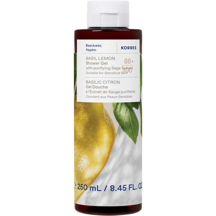 Korres Basil Lemon Shower Gel 250 ml puhdistava suihkugeeli ruskeassa pullossa jossa on raikas sitruunakuva
