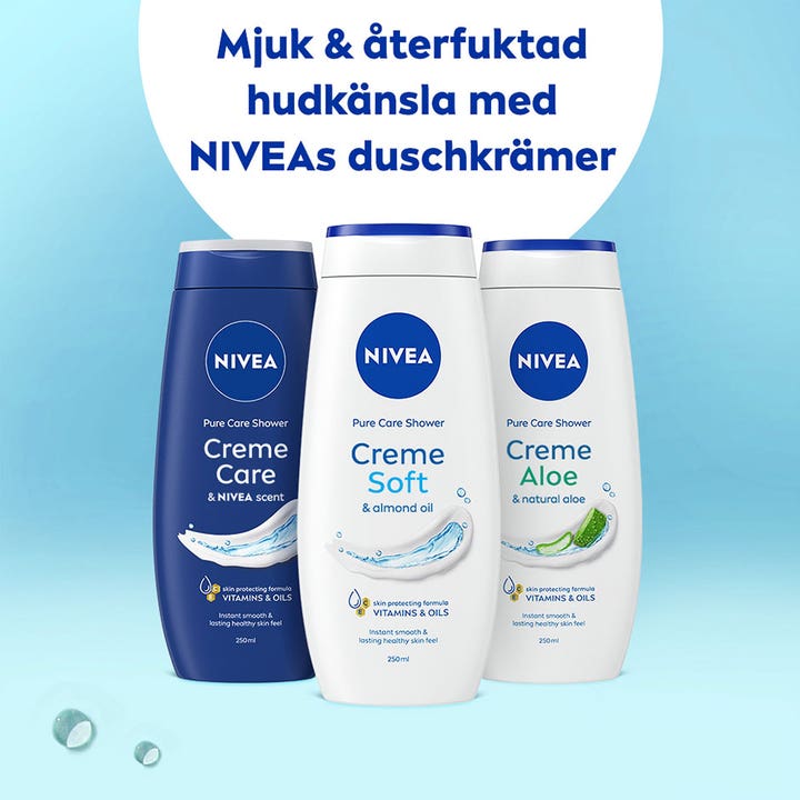 Nivea Creme Soft 250 ml suihkusaippua kolmen pullon valikoimassa tarjoaa pehmeyttä ja ihonhoitoa.