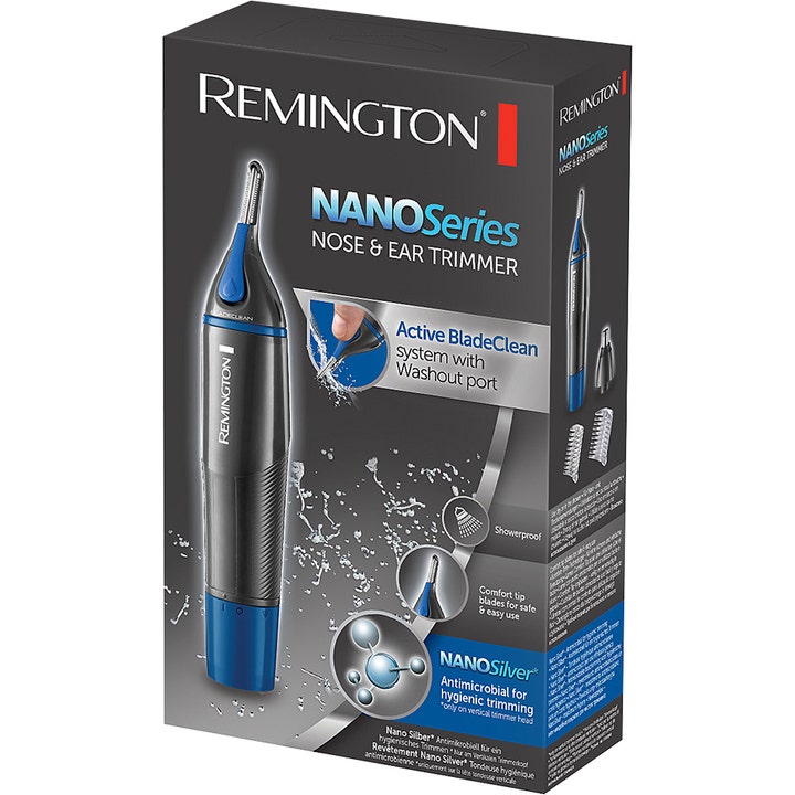 Remington Nose & Ear Trimmer NE3850 1 kpl nenätrimmeri mustassa pakkauksessa, jossa on vesiroiskeita.
