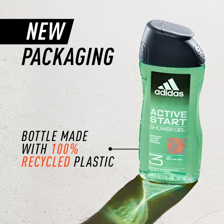 Adidas Active Start 250 ml virkistävä suihkugeeli kierrätysmuovipullossa, jossa on vihreää geeliä ja musta korkki.