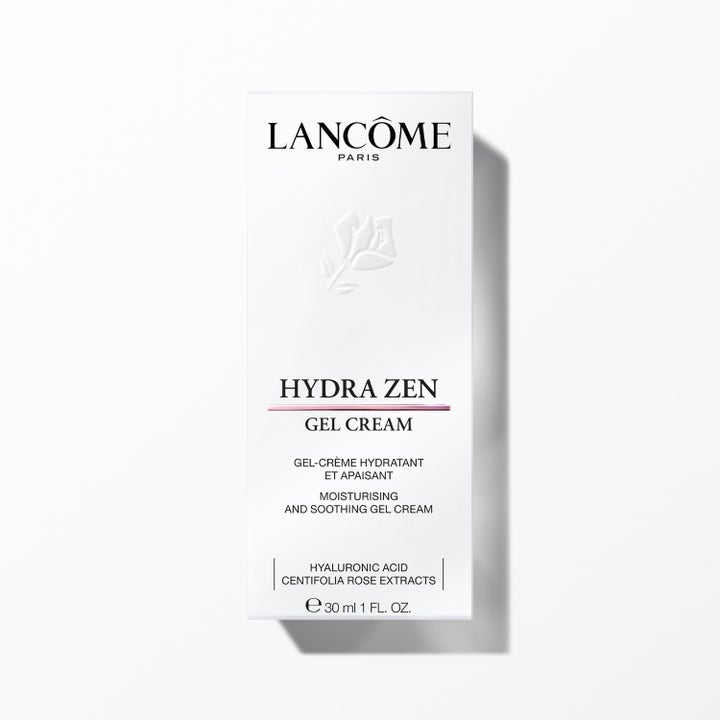 Lancôme Hydra Zen Moisturizing Gel Cream 30 ml rauhoittava geelivoide valkoisessa pakkauksessa hyaluronihapolla.