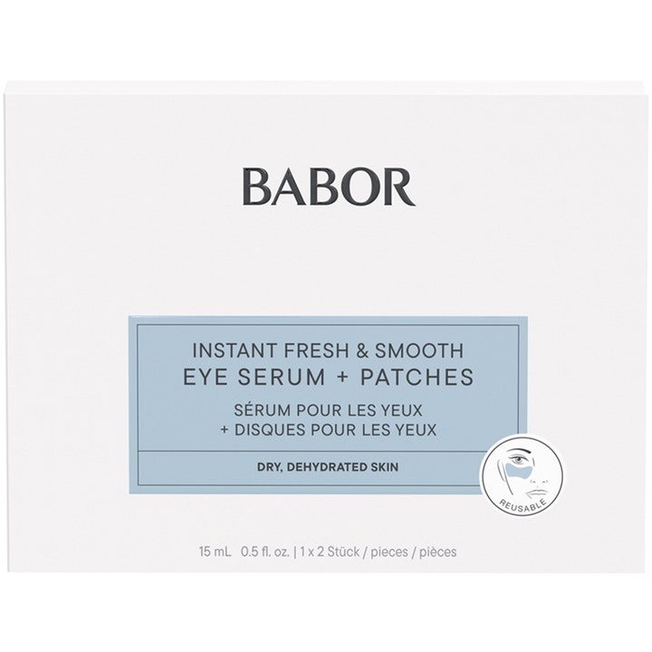 Babor Instant Fresh & Smooth Eye Serum + Patches 15 ml kosteuttava silmänympäryssetti valkoisessa pakkauksessa.