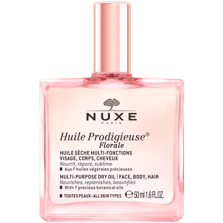 Nuxe Huile Prodigieuse Florale 50 ml kuivaöljy ravitsee ihoa vaaleanpunaisessa lasipullossa, jossa on ruusukultainen korkki.