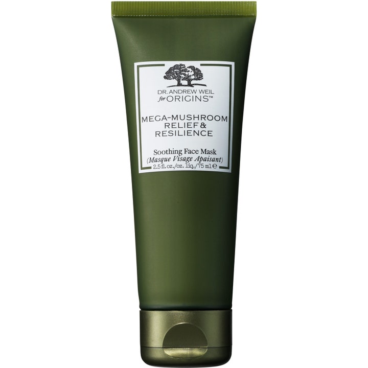 Origins Mega-Mushroom Relief & Resilience 75 ml rauhoittava kasvonaamio tummanvihreässä tuubissa.