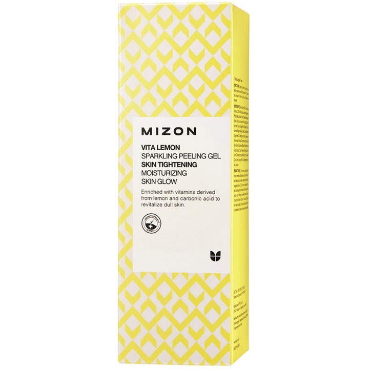Mizon Vita Lemon Sparkling Peeling Gel 145 g heleyttävä kuorintageeli kelta-valkoisessa Skin Glow -pakkauksessa.