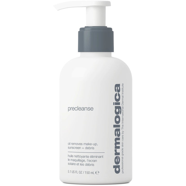 Dermalogica Precleanse 150 ml puhdistusöljy poistaa meikin ja lian valkoisessa pullossa harmaalla pumpulla