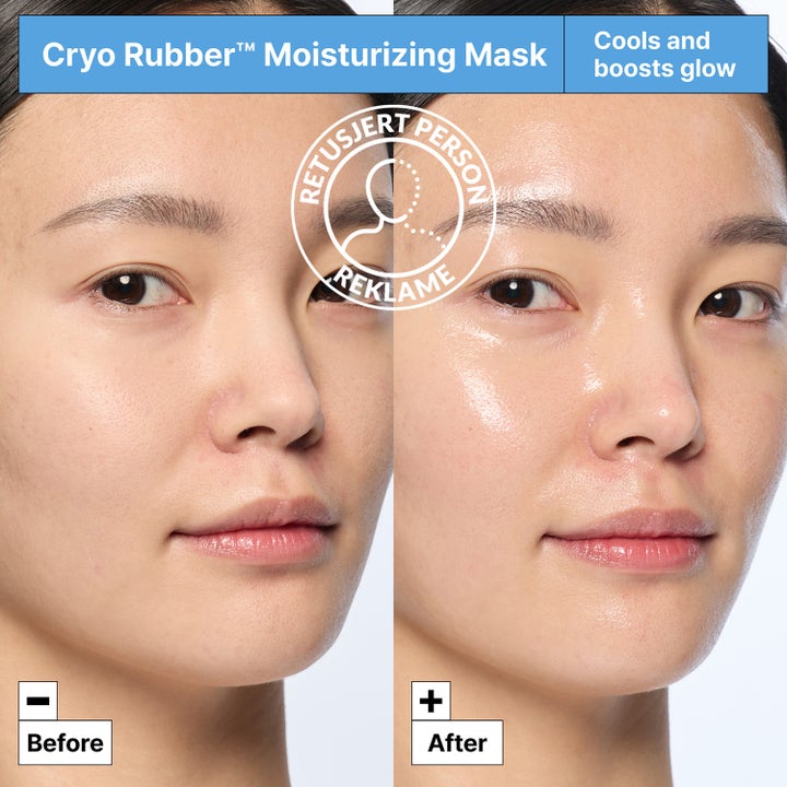 Dr.Jart+ Cryo Rubber Moisture Mask 36 g kosteuttava kasvonaamio antaa iholle hehkua ennen ja jälkeen kuvassa.