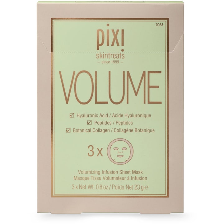 Pixi Volumizing Infusion Sheet Mask 3 kpl täyteläisyyttä tuova kangasnaamio beigessä ja vihreässä pahvipakkauksessa.
