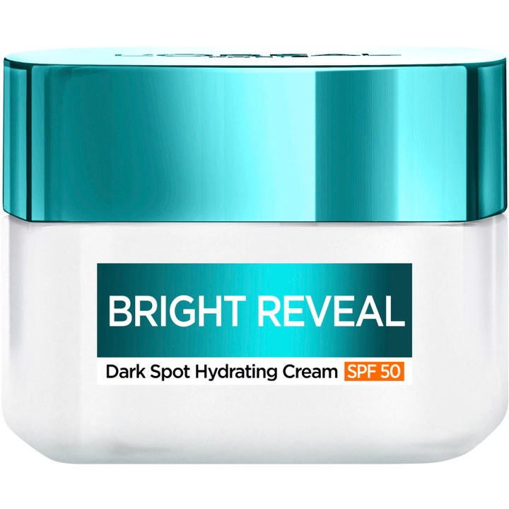 L'Oréal Paris Bright Reveal Dark Spot Hydrating Cream SPF 50 kosteuttava kasvovoide valkoisessa purkissa turkoosilla kannella
