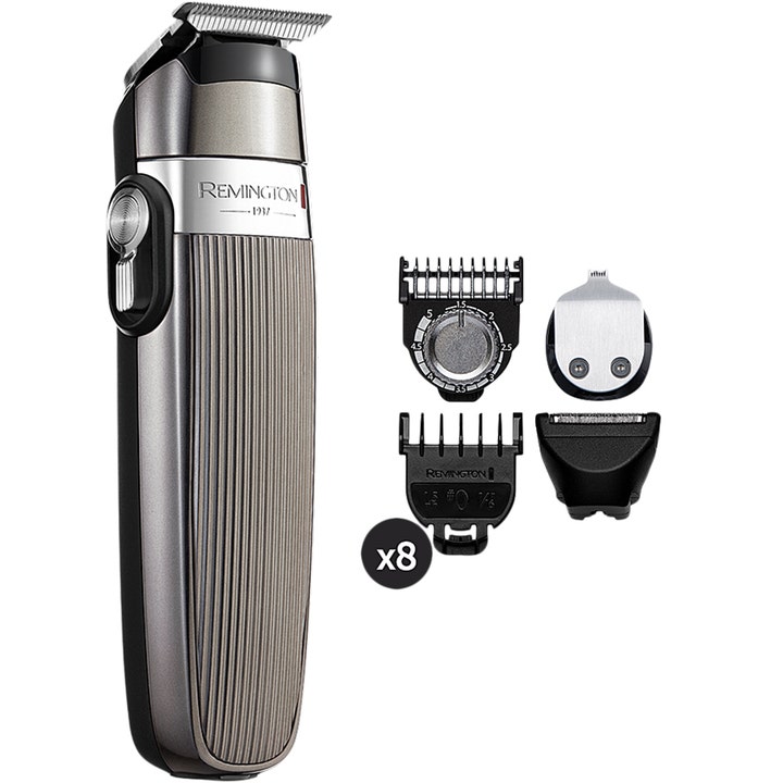 Remington Heritage Personal Groomer monitoimitrimmeri ja vaihtopäät tarkkaan parranajoon harmaassa metallikuoressa.