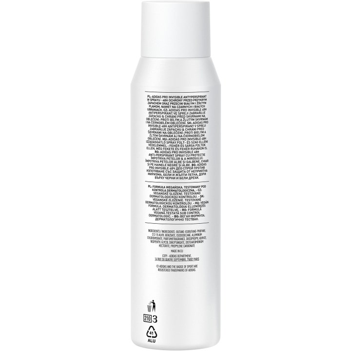 Adidas Pro Invisible Woman Deodorant Spray 150 ml takapuoli näyttää ainesosat ja valkoisen pullon tiedot.