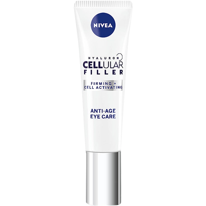 Nivea Hyaluron Cellular Filler 15 ml kiinteyttävä silmänympärysvoide valkoisessa tuubissa jossa on hopeinen korkki