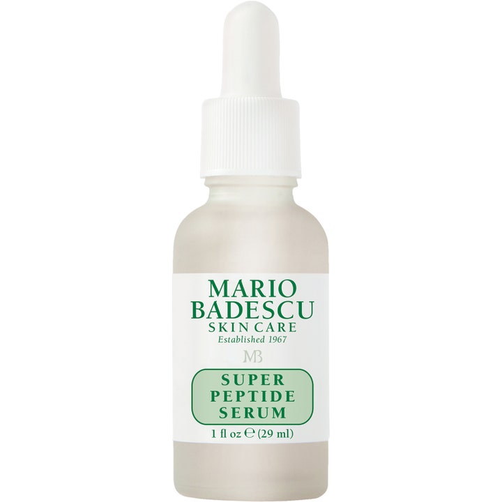 Mario Badescu Super Peptide Serum 29 ml silottava seerumi huurretussa lasipullossa valkoisella pipettikorkilla.