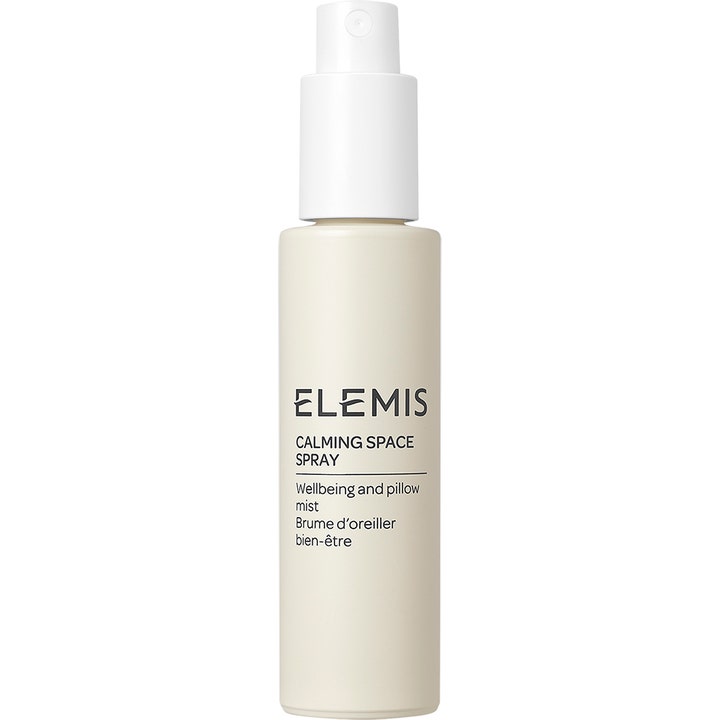 Elemis Calming Space Spray 30 ml rauhoittava huonesuihke vaaleassa suihkepullossa valkoisella korkilla.