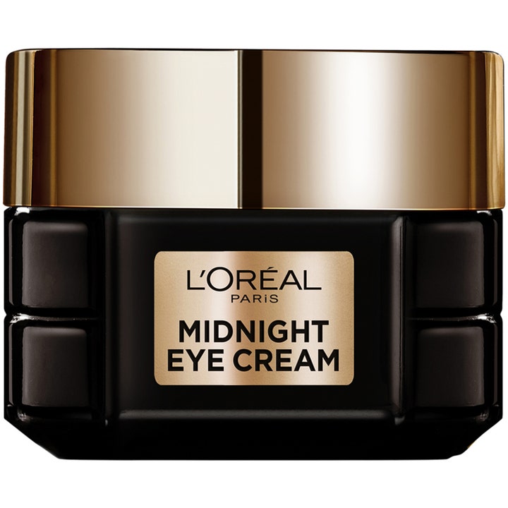 L'Oréal Paris Midnight Eye Cream 15 ml silmänympärysvoide silottaa juonteita mustassa lasipurkissa kultaisella kannella.