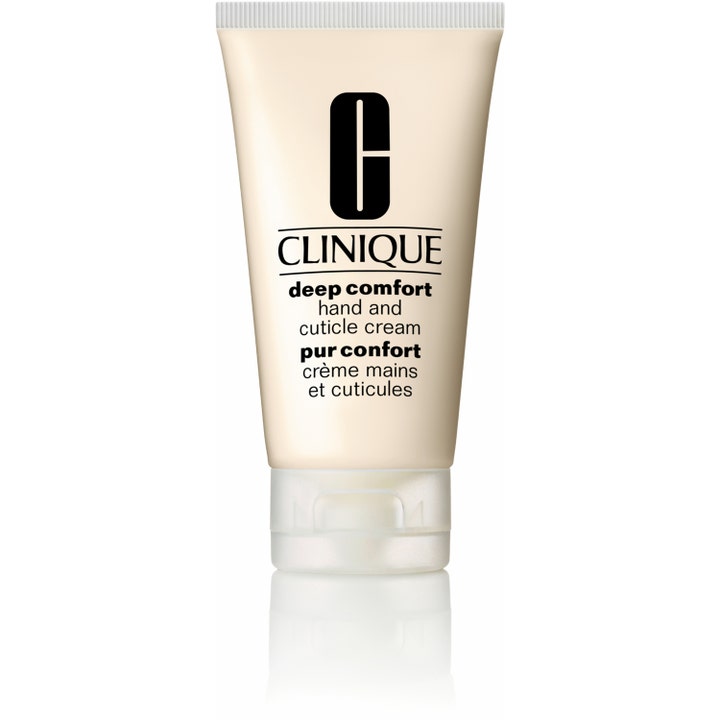 Clinique Deep Comfort Hand and Cuticle Cream kosteuttava käsivoide vaaleassa tuubissa läpikuultavalla korkilla.