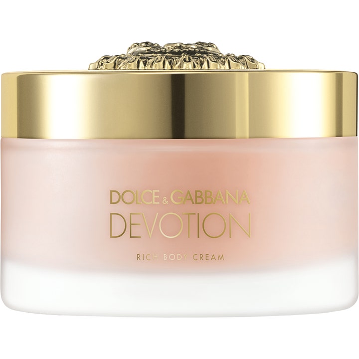 Dolce & Gabbana Devotion Rich Body Cream kosteuttava vartalovoide huurretussa lasipurkissa jossa on koristeellinen kultakansi