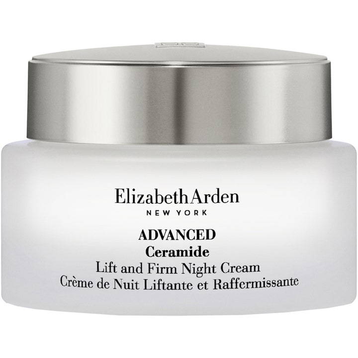 Elizabeth Arden Advanced Ceramide Lift and Firm Night Cream kiinteyttävä yövoide huurretussa lasipurkissa hopeakannella.