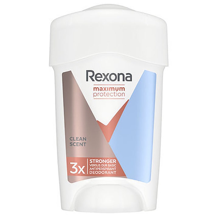 Rexona Maximum Protection Clean Scent 45 ml antiperspirantti valkoisessa pakkauksessa, jossa on sinisiä yksityiskohtia.