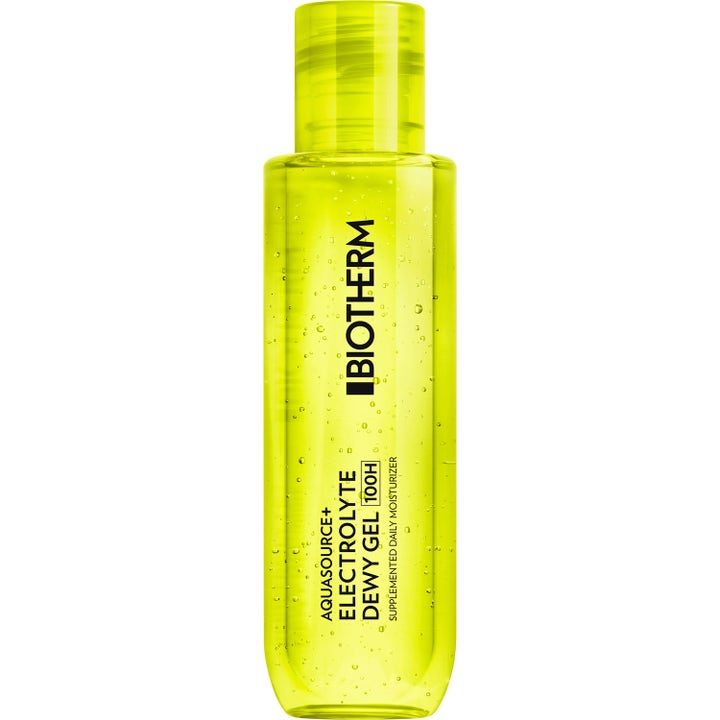 Biotherm Aquasource+ Electrolyte Dewy Gel 100H kosteuttava kasvogeeli kirkkaassa limenvihreässä pullossa.